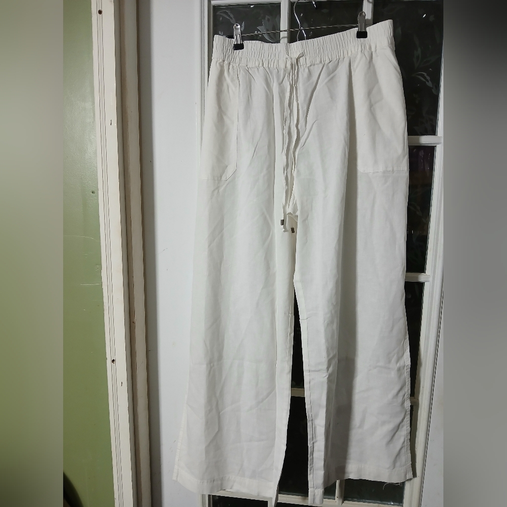 AVENUE WOMEN'S SIZE 26/28 ELASTIC DRAWSTRING WAIST LINEN BLEND White PANTS NEW